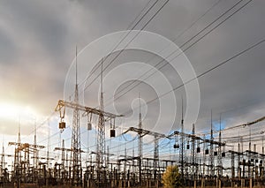 High-voltage power lines on the background of a beautiful cloudy sky