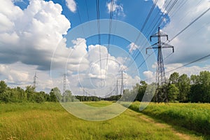 High voltage power lines on the background of green field and blue sky, Modern electrical utility lines with a blue sky, AI