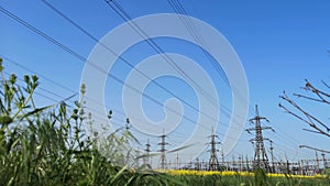 High-voltage power lines. electricity distribution station