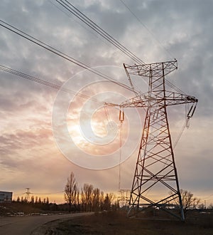 High-voltage power lines. Electricity distribution station. high