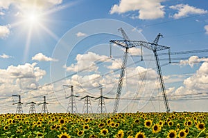 High-voltage power lines. Electricity distribution station. high