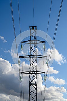 High-voltage power lines. Electricity distribution station. high voltage electric transmission tower