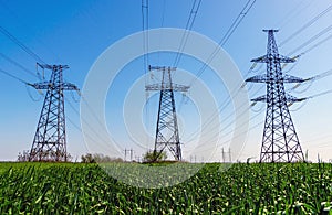 High-voltage power lines. Electricity distribution station. high voltage electric transmission tower. Distribution electric