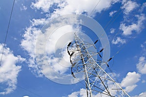 High voltage power lines with electricity pylons at blue sky.