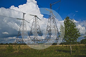 High-voltage power lines on the field.