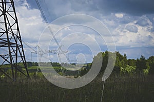 High-voltage power lines on the field.