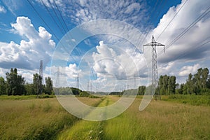 High voltage power lines in the field against the blue sky, Modern electrical utility lines with a blue sky, AI Generated