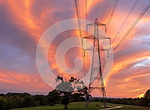 High-voltage power lines passing through a green field.