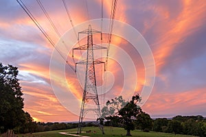 High-voltage power lines passing through a green field.