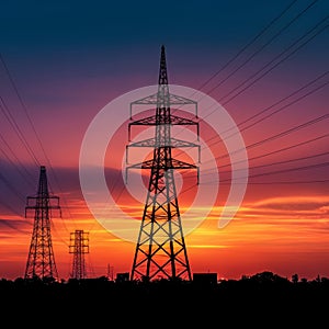 High voltage power lines and pylons at sunset or sunrise.