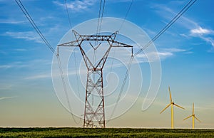 High voltage power lines at sunset