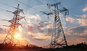 High-voltage power lines at sunset. electricity distribution station. high voltage electric transmission tower