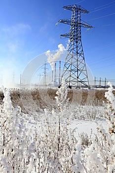 High voltage power lines in the winter