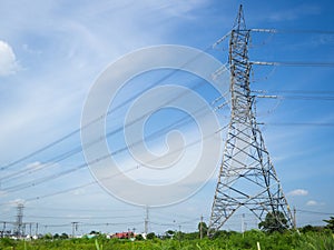 A high voltage power pylons against blue sky