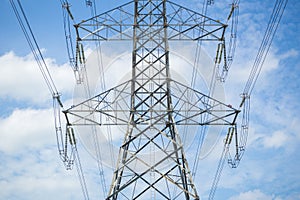 A high voltage power pylons against blue sky