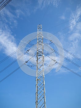 A high voltage power pylons against blue sky