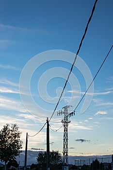 High voltage power tower pylon and line cables