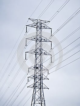 High Voltage Power Tower, Transmission Line, Blue Sky Background