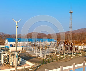 High voltage power transformer substation.