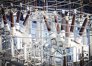 High voltage power transformer substation. Close up