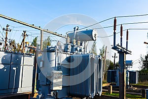 High voltage power transformer substation high voltage generator at evening or early morning outdoor