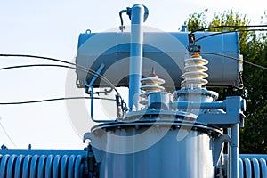 High voltage power transformer substation high voltage generator at evening or early morning outdoor