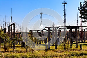 High voltage power transformer substation. Power line