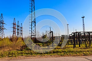 High voltage power transformer substation. Power line, electric substation