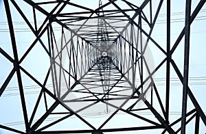 High-voltage power transmission towers in polluted gray sky on Nov 1, 2014