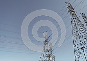 high-voltage. powerful substation on blue sky background with nobody. copy space.