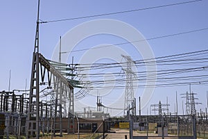 High voltage powerlines of Tennet at powerstation Hessenweg in Zwolle