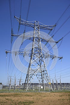 High voltage powerlines of Tennet at powerstation Hessenweg in Zwolle