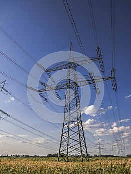 High voltage pylon on a grain field