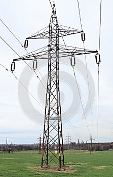 High voltage pylon. High voltage lines. Electrical distribution network.