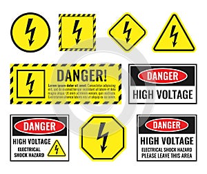 High voltage sign set, danger of electricity icons