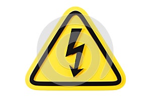 High voltage sign in yellow triangle, symbol warning danger, isolated on white background