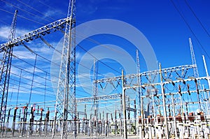 High-voltage substation, blue sky