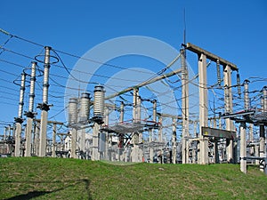 High-voltage substation on blue sky background