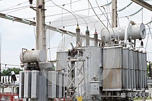 High voltage substation. Peterson coil. Power Transformer.