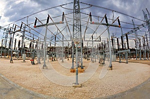 High voltage switchyard in fisheye perspective