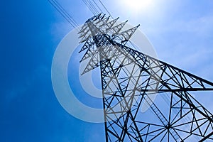 High voltage tower, Electricity post, Electric post on deep blue sky background