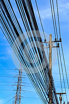 High voltage tower, Electricity post, Electric post on deep blue sky background