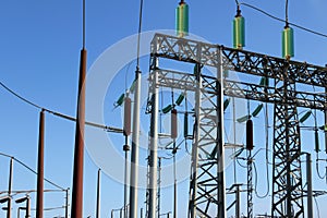 High voltage tower. High voltage. Electricity transmission power lines at sunset (high voltage pylon). Aerial view