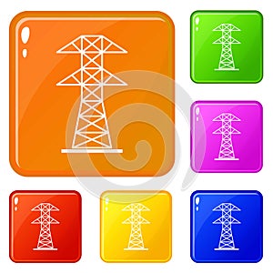 High voltage tower icons set vector color