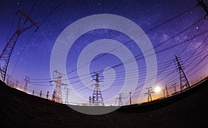 The high voltage tower and the Milky Way at night