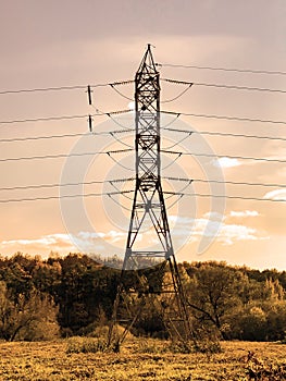 High voltage tower, pilon. electricity power distribution line, clean alternative energy concept