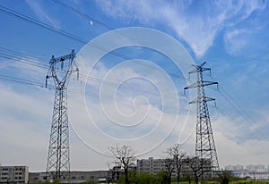 High-voltage tower sky background.