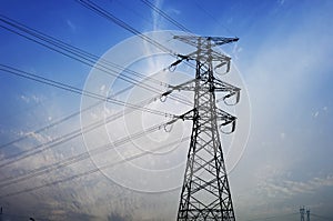 High-voltage tower sky background.