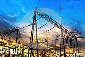 High-voltage tower sky background.