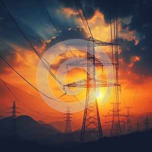 High voltage tower sky sunset background